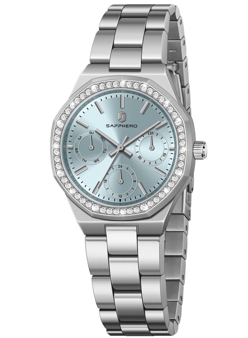 سافيرو ساعة نسائية، ساعة نسائية فاخرة، ساعة نسائية بسوار، ساعة صغيرة مقاومة للماء من الفولاذ المقاوم للصدأ حتى 3ATM - Image 1